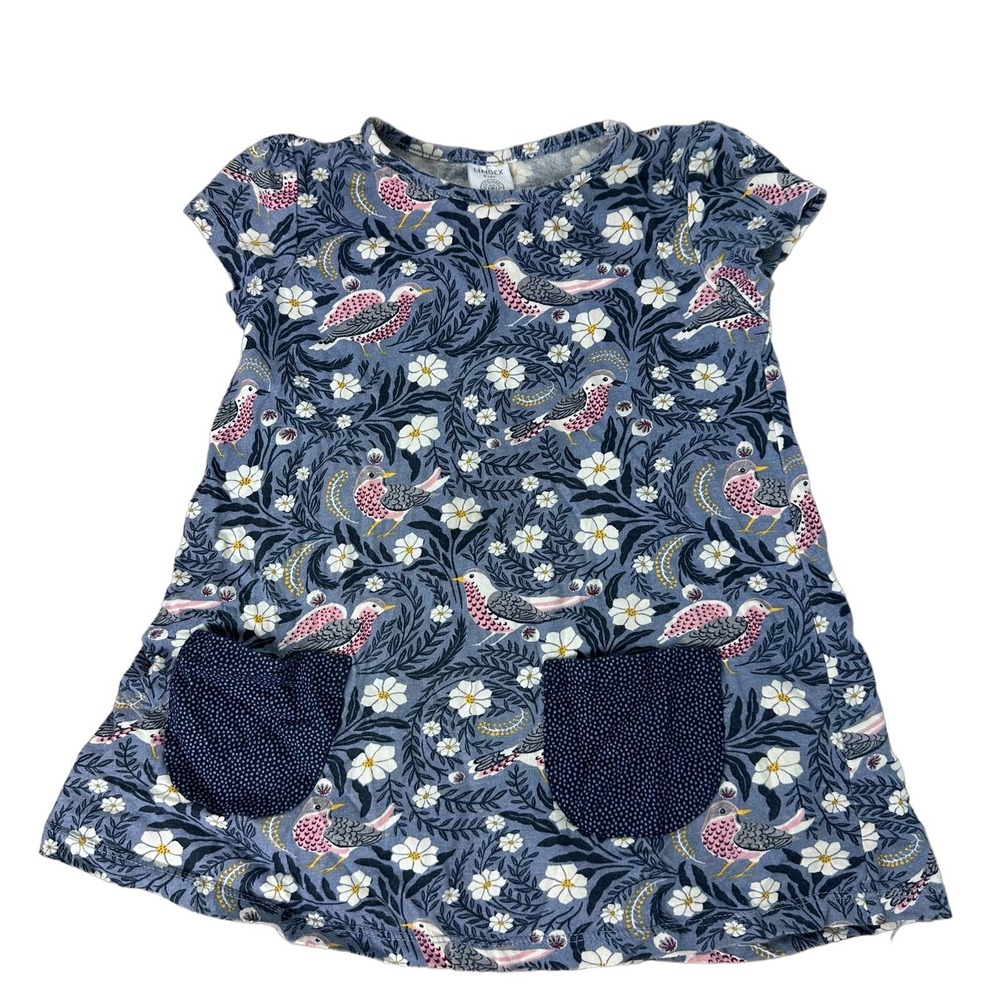 🖤 3/$25 SALE! 
Lindex blue floral bird short sleeve kids dress 3-4